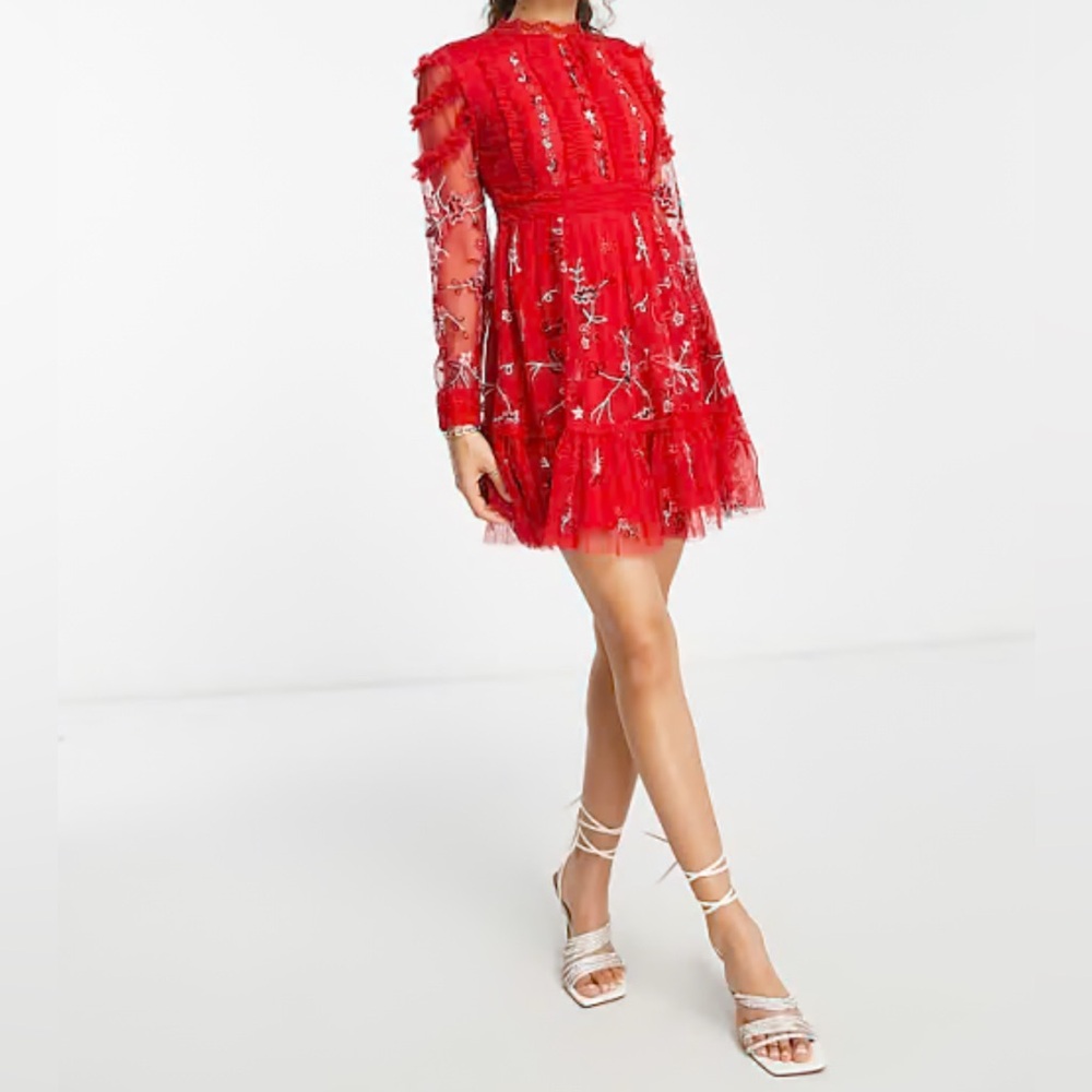 Red Lace Dress, Embroidered floral dress, flowy chiffon dress, embellished midi